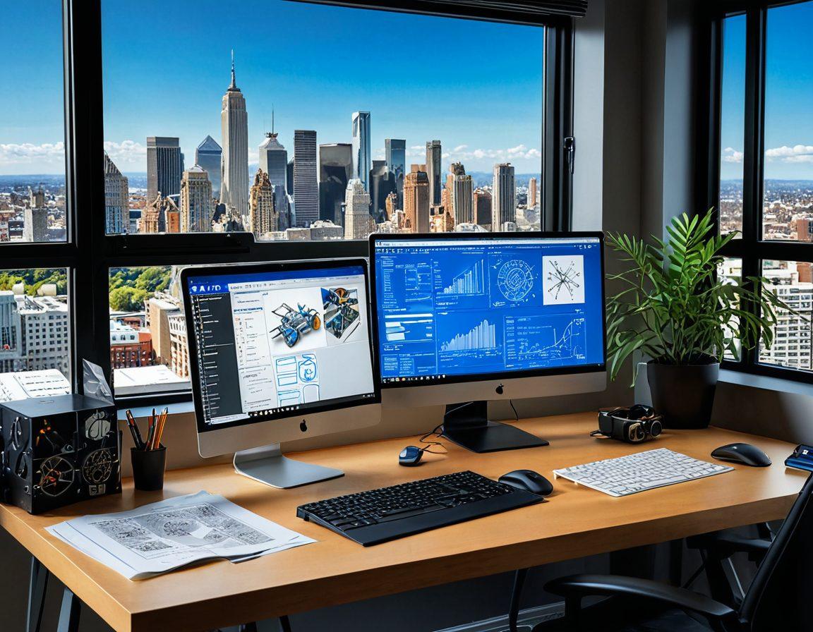 A dynamic workspace featuring an aspiring engineer surrounded by blueprints, technical tools, and a laptop displaying coding and design software. In the background, a wall filled with inspiring engineering posters and a window showing a city skyline. The atmosphere is bright and motivating, conveying a sense of creativity and innovation. Include diverse elements representing various engineering disciplines. vibrant colors. super-realistic. 3D.